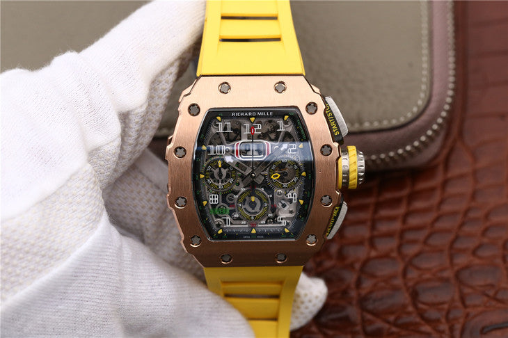 Kv Factory Replica Richard Mille Rm11 03 Rose Gold Watch with Yellow Rubber Strap