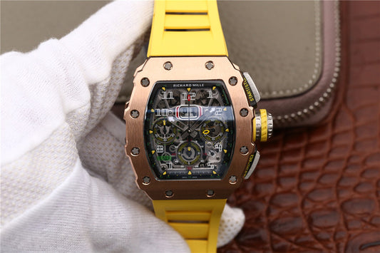 Kv Factory Replica Richard Mille Rm11 03 Rose Gold Watch with Yellow Rubber Strap
