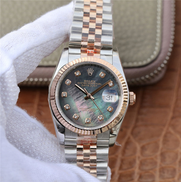 Gm Factory Replica Rolex Datejust 36mm Two Tone Rose Gold Black Mop Dial with Asia Eta 2836