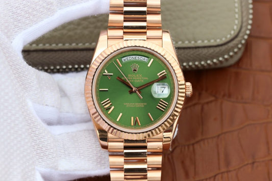 Noob Factory Replica Rolex Day Date 228206 Rose Gold Watch with Green Dial Clone 3255 Movement