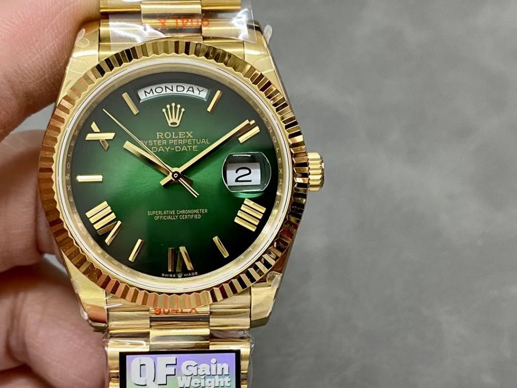 Q Factory Replica Rolex Day Date 40mm Yellow Gold Green Dial