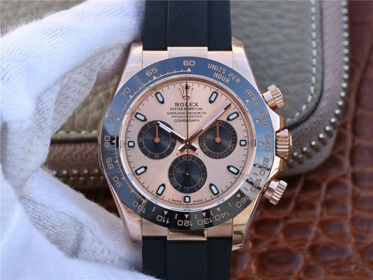 Noob Factory Replica Rolex Daytona 116515 Rose Gold with Super Clone 4130 Movement Black Rubber Strap