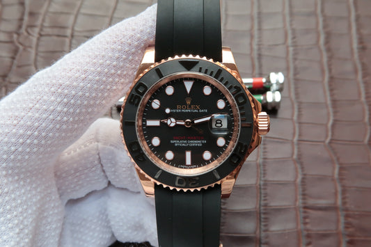 Noob Factory Replica Rolex Yachtmaster 116655 Rose Gold Watch with Super Clone 3135 Movement Black Rubber Strap