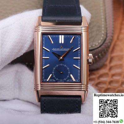 Jaeger Lecoultre Reverso Tribute Double-Sided Double Time Zone Flip Mg Factory Rose Gold Blue Dial-Rep Time Watches