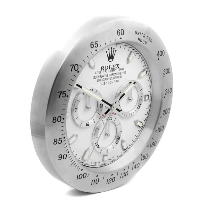 ROLEX DAYTONA WALL CLOCK SILVER WHITE STAINLESS STEEL EDITION - 35CM DELUXE METAL WALL CLOCK