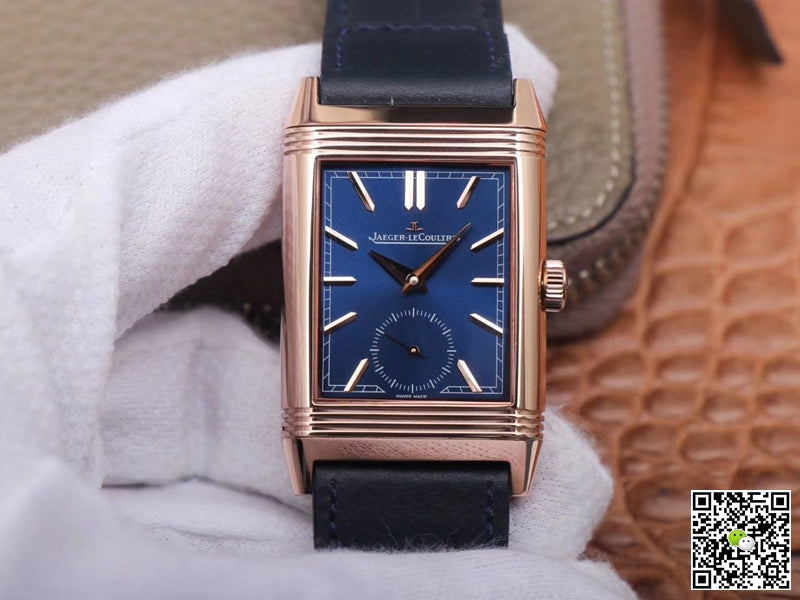 Jaeger LeCoultre Reverso Tribute Double-sided Double Time Zone Flip MG Factory Rose Gold Blue Dial