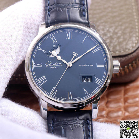 Glashutte Senator Moon Phase 1-36-04 V9 Factory Blue Leather Strap