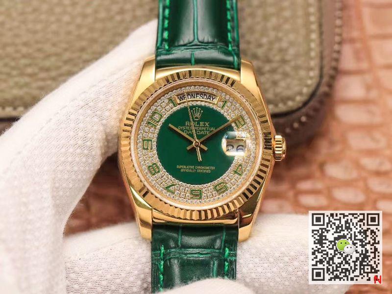 Replica Rolex Day-Date 36mm Green Enamel Diamond Gypsophila Gold dial watch