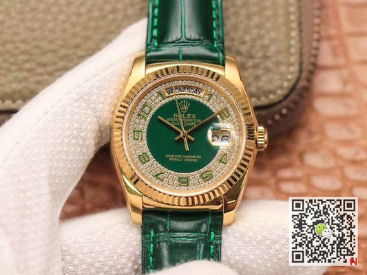 Replica Rolex Day-Date 36mm Green Enamel Diamond Gypsophila Gold dial watch