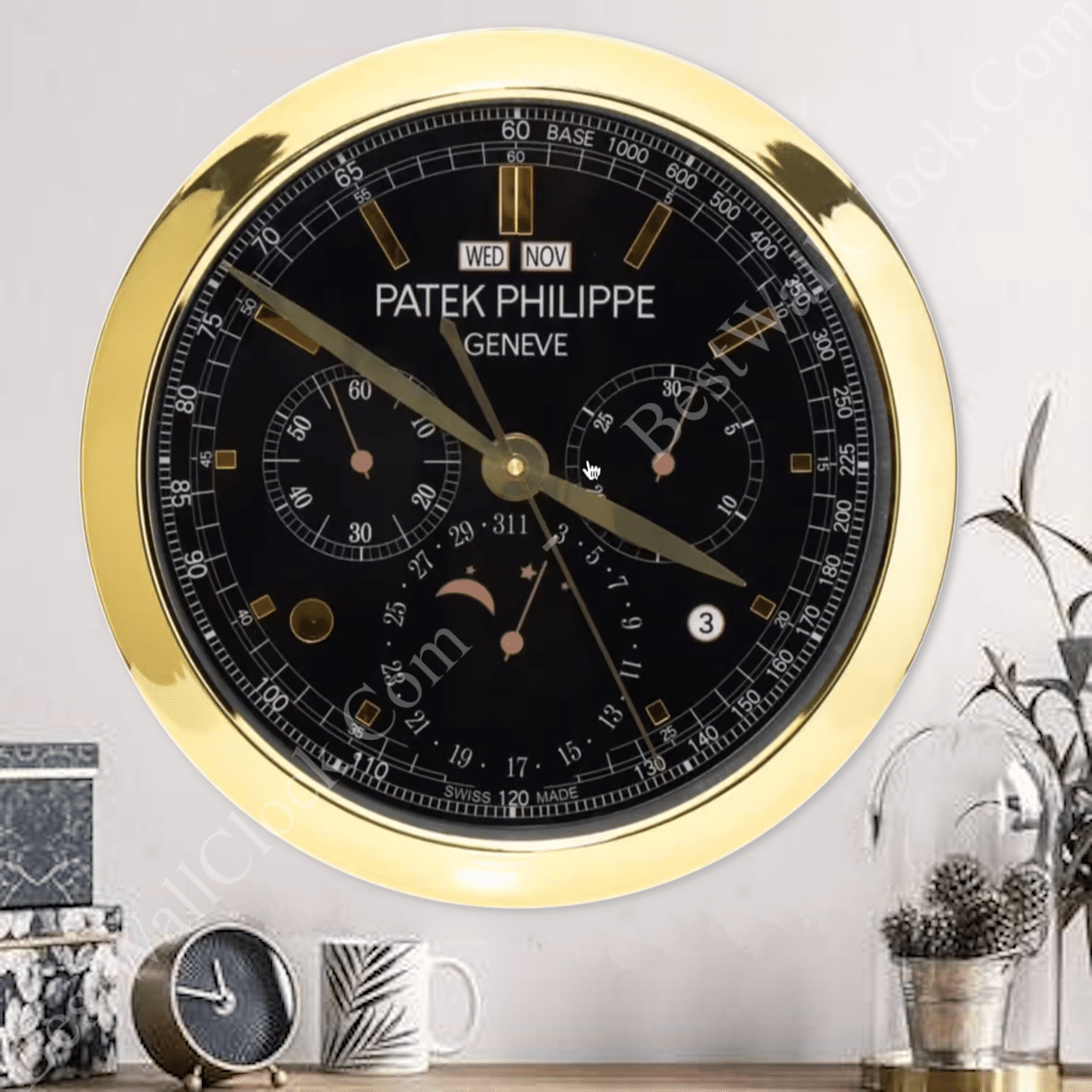 PATEK PHILIPPE GOLD/NAVY XL (16 INCHES/40CM) DELUXE METAL WALL CLOCK, 35 CM