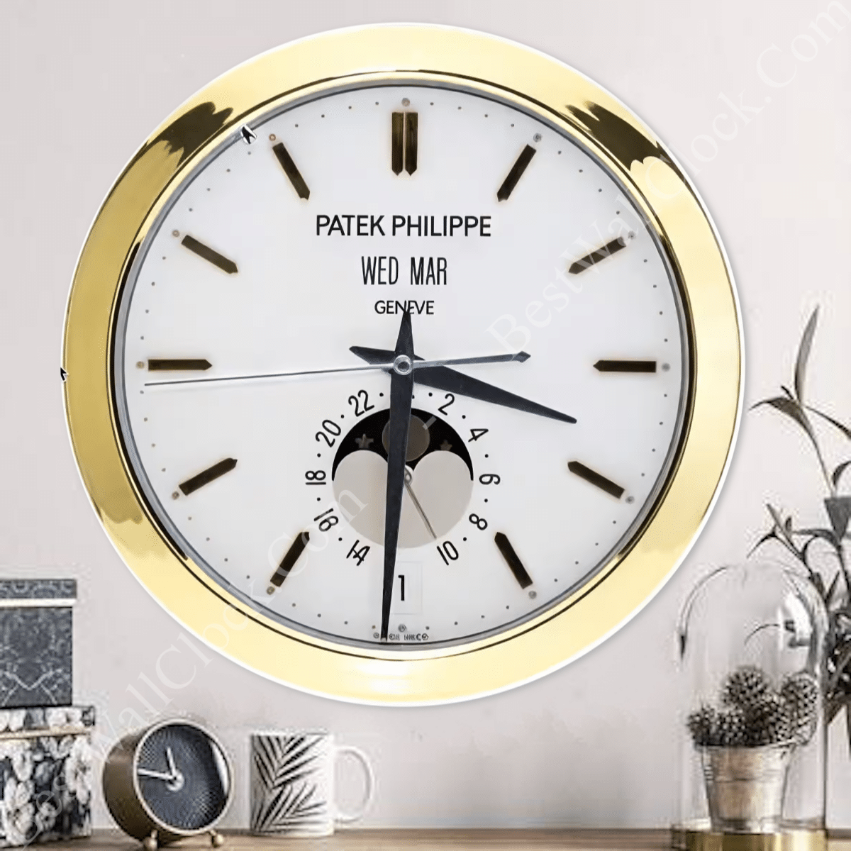 PATEK PHILIPPE – GOLD AND WHITE MOON PHASE XL EDITION DELUXE METAL WALL CLOCK (35CM)