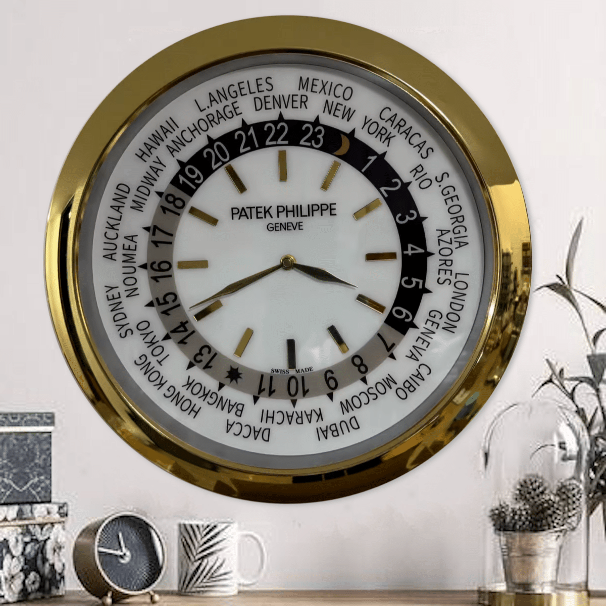 PATEK PHILIPPE GOLD AND WHITE CITY XL DELUXE METAL WALL CLOCK (35 CM)