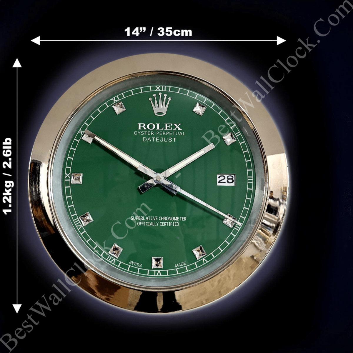 DATEJUST – CHROME – GREEN 3 DELUXE METAL WALL CLOCK, 35 CM