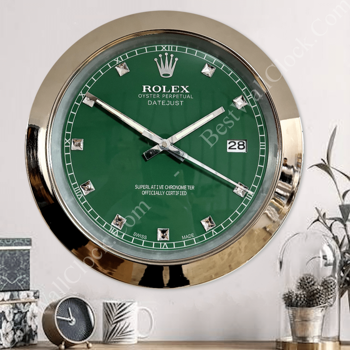 DATEJUST – CHROME – GREEN 3 DELUXE METAL WALL CLOCK, 35 CM