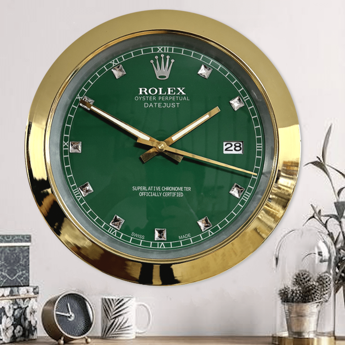 DATEJUST – CHROME – GREEN 5 EDITION DELUXE METAL WALL CLOCK, 35 CM