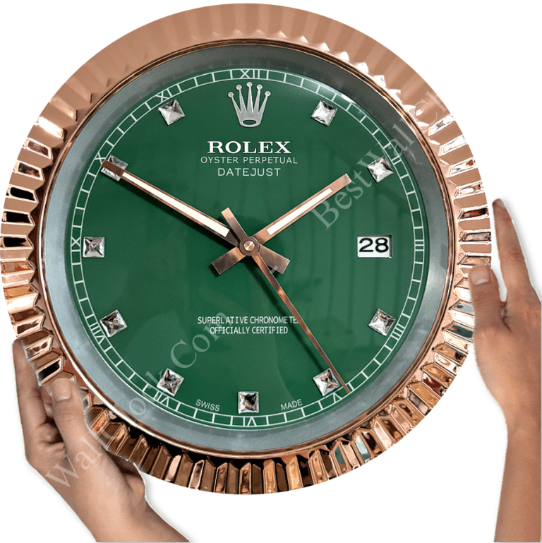 DATEJUST – ROSE GOLD CHROME – GREEN 6 DELUXE METAL WALL CLOCK 35 CM