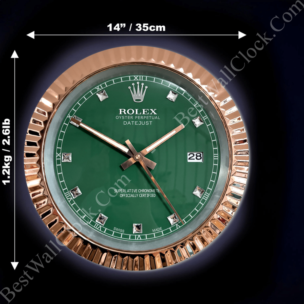 DATEJUST – ROSE GOLD CHROME – GREEN 6 DELUXE METAL WALL CLOCK 35 CM