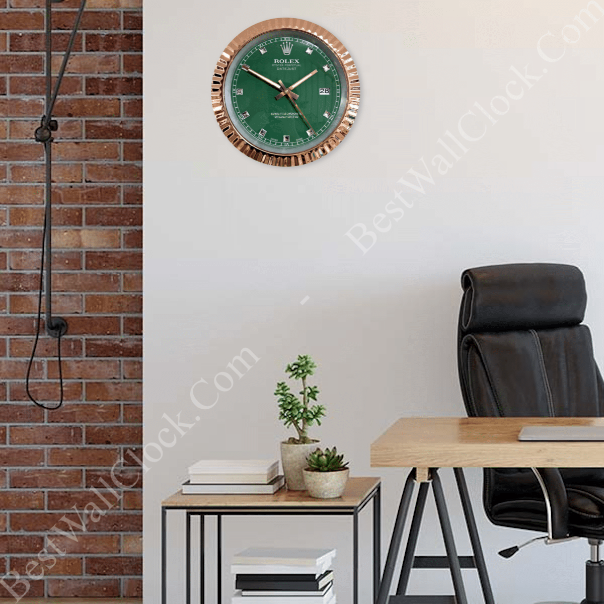 DATEJUST – ROSE GOLD CHROME – GREEN 6 DELUXE METAL WALL CLOCK 35 CM