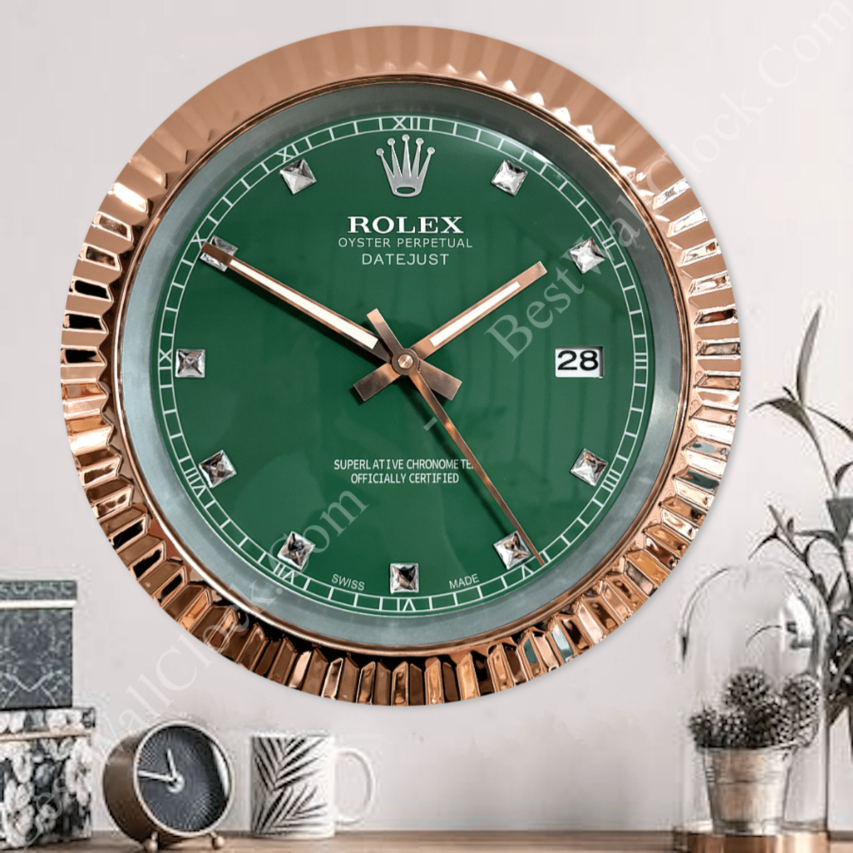 DATEJUST – ROSE GOLD CHROME – GREEN 6 DELUXE METAL WALL CLOCK 35 CM