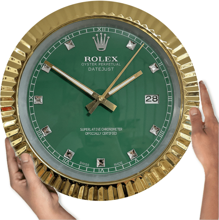 DATEJUST – GOLD CHROME – GREEN 7 DELUXE METAL WALL CLOCK 35 CM