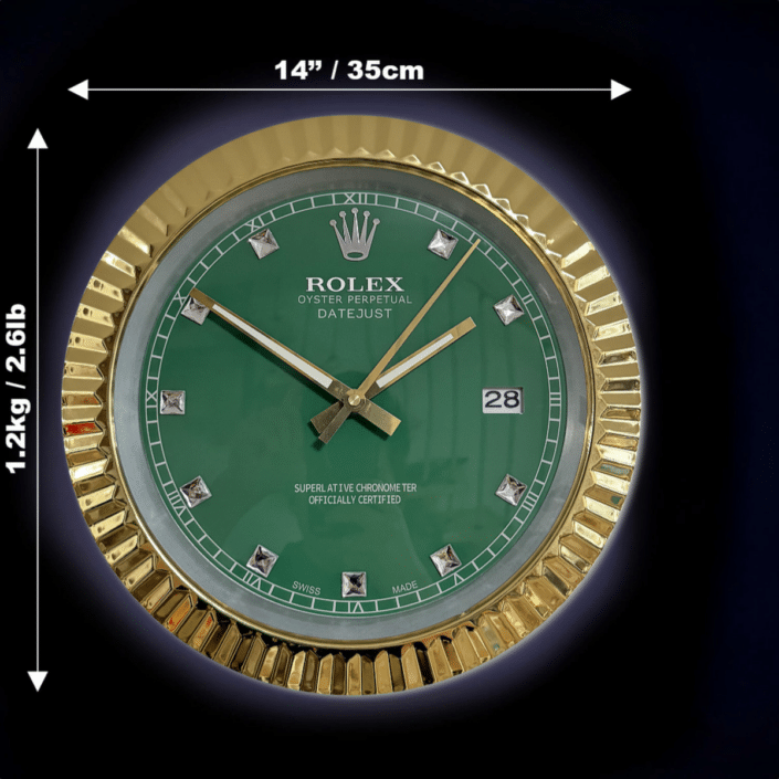DATEJUST – GOLD CHROME – GREEN 7 DELUXE METAL WALL CLOCK 35 CM