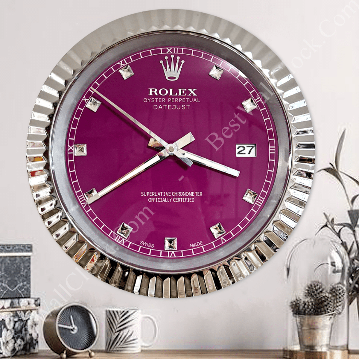 DATEJUST – CHROME – PURPLE 3 DELUXE METAL WALL CLOCK 35 CM