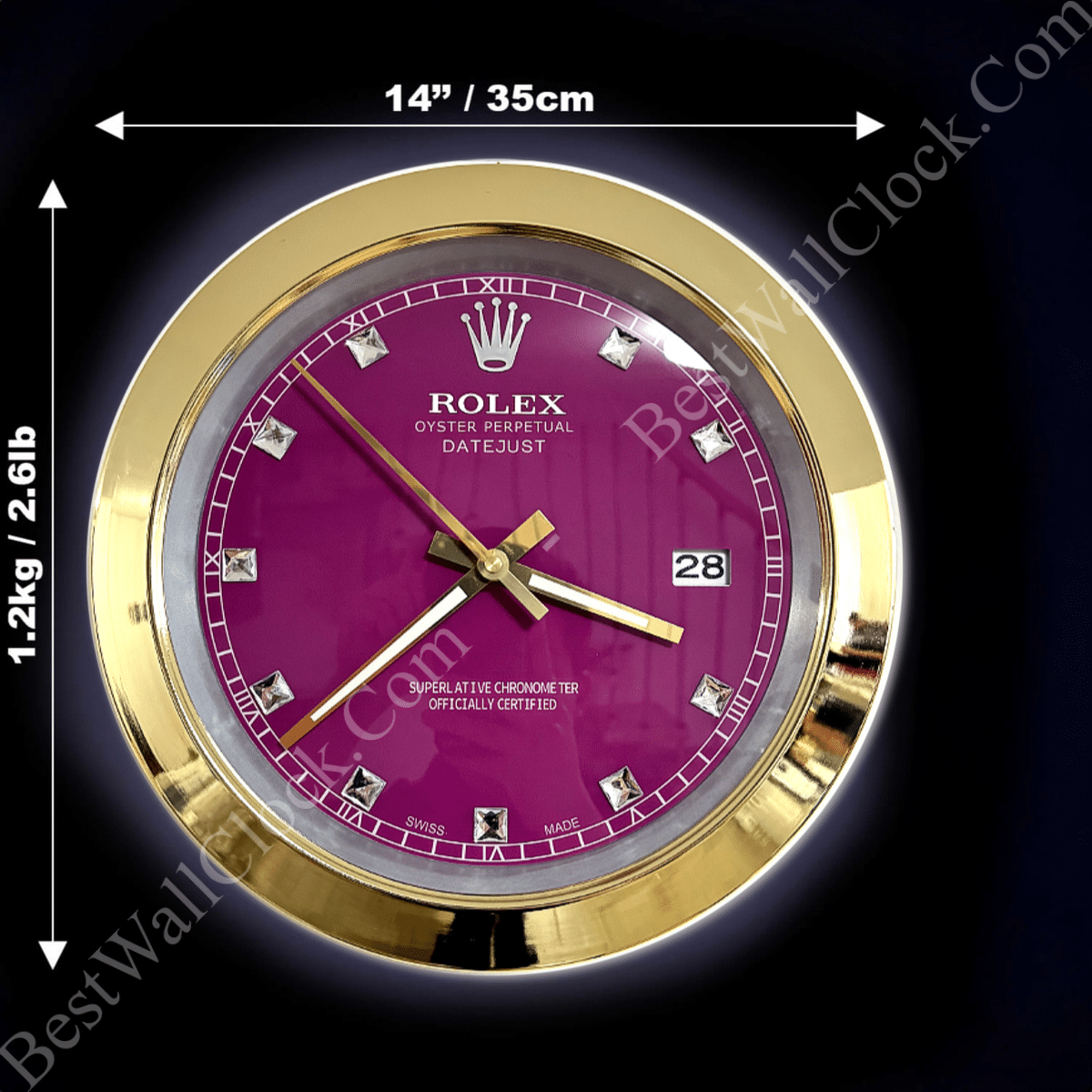 DATEJUST – GOLD CHROME – PURPLE 3 DELUXE METAL WALL CLOCK 35 CM