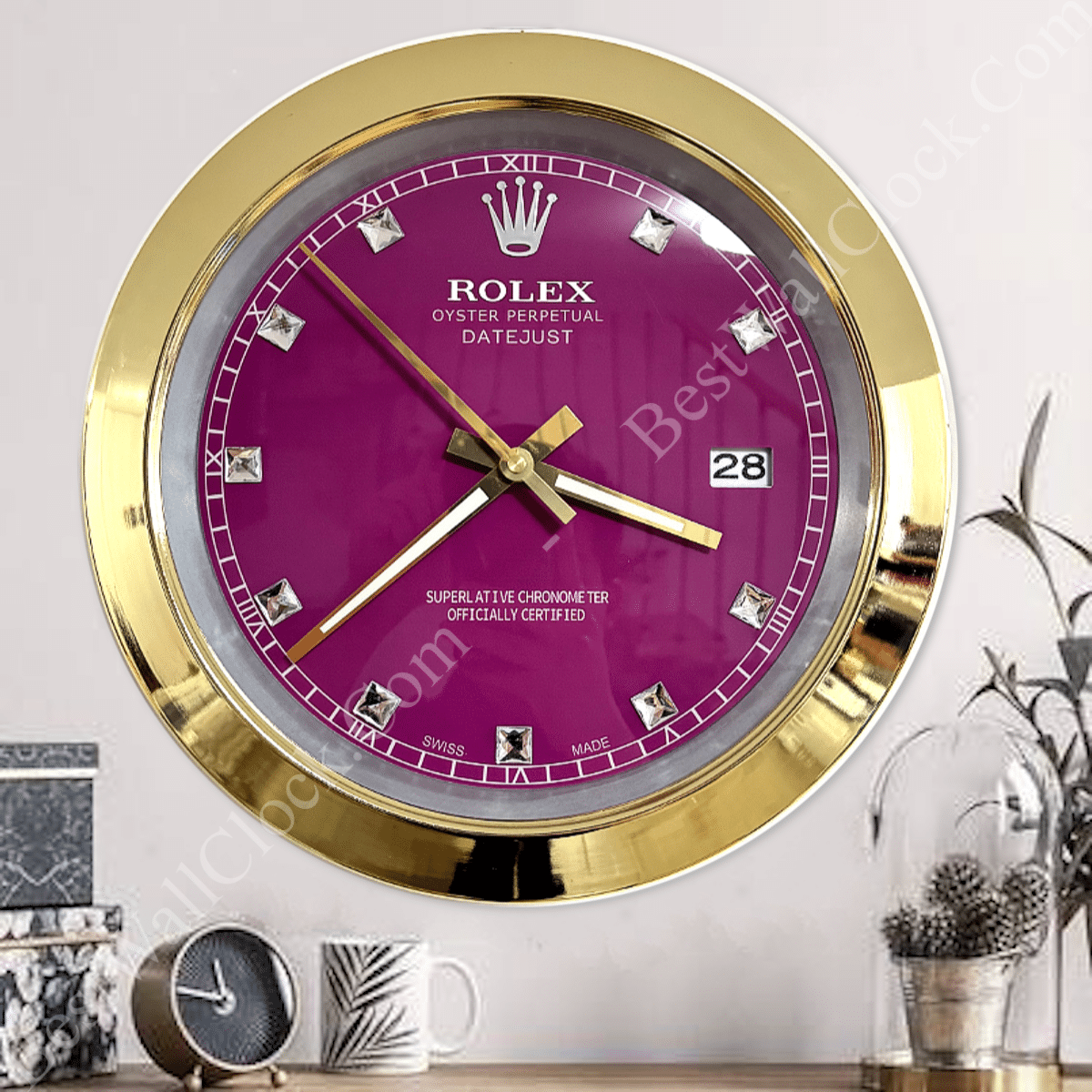 DATEJUST – GOLD CHROME – PURPLE 3 DELUXE METAL WALL CLOCK 35 CM