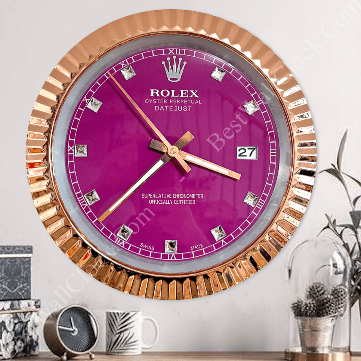 DATEJUST – ROSE GOLD CHROME – PURPLE 5 DELUXE METAL WALL CLOCK