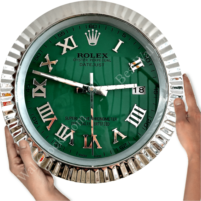 DATEJUST – ROSE SILVER – GREEN 35 CM DELUXE METAL WALL CLOCK