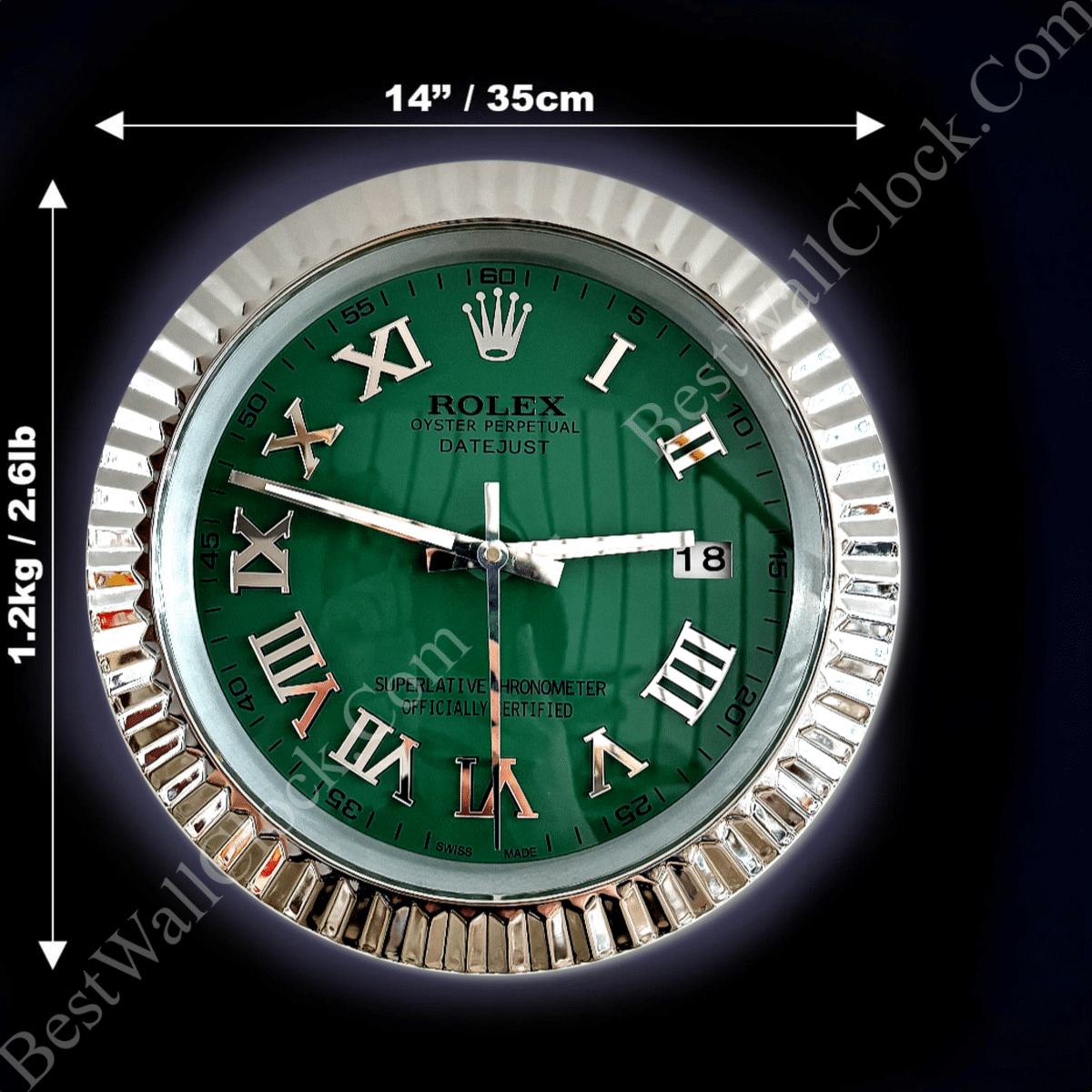 DATEJUST – ROSE SILVER – GREEN 35 CM DELUXE METAL WALL CLOCK