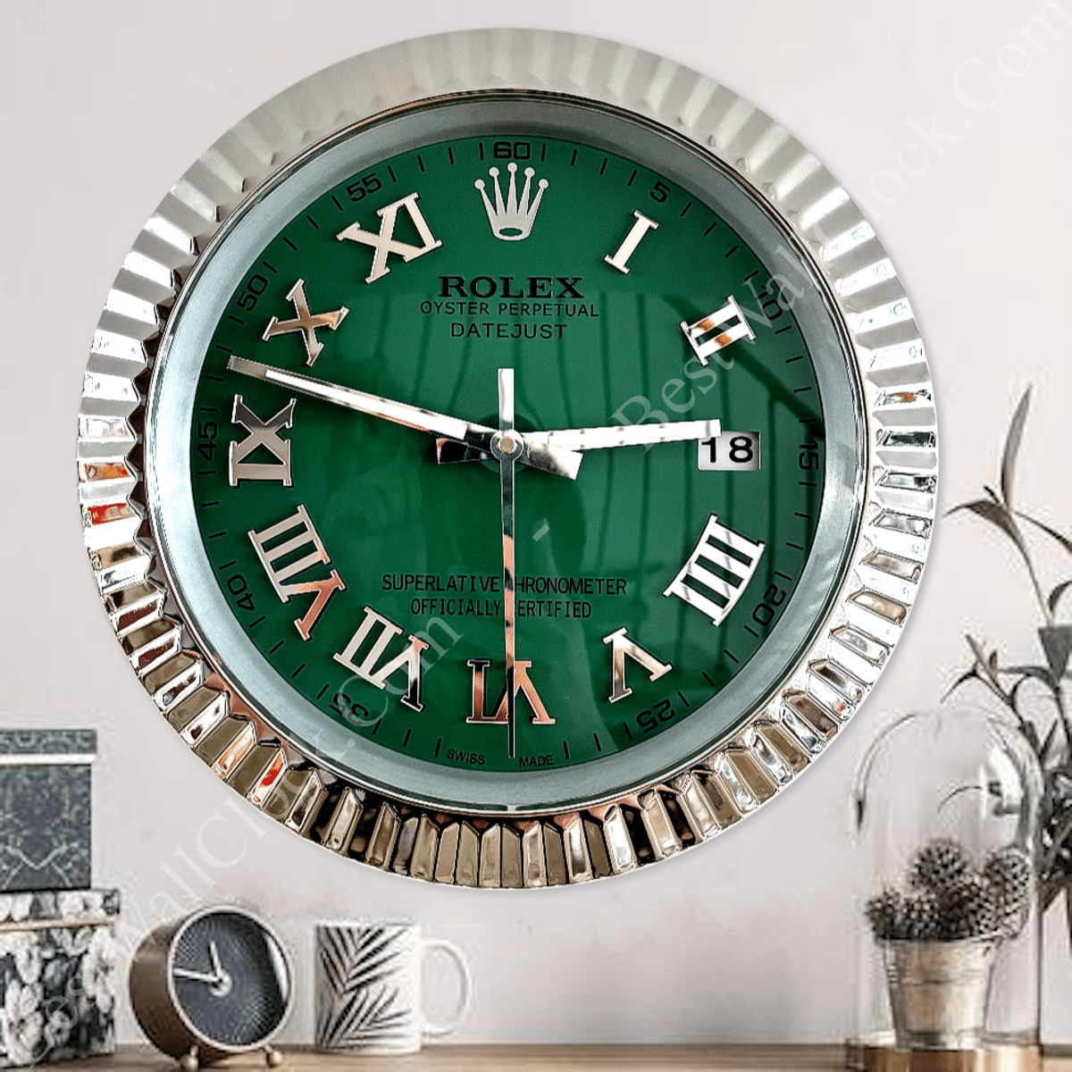 DATEJUST – ROSE SILVER – GREEN 35 CM DELUXE METAL WALL CLOCK