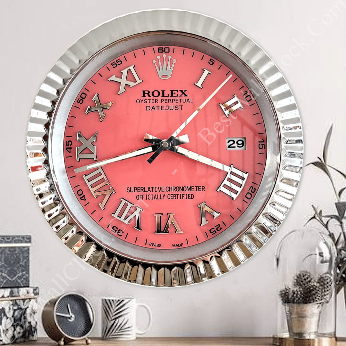 DATEJUST – ROSE SILVER – PINK EDITION 35 CM DELUXE METAL WALL CLOCK