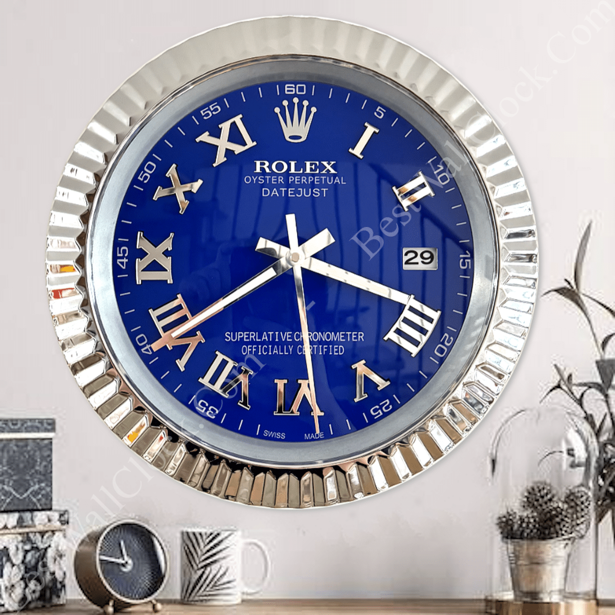 DATEJUST – ROSE SILVER – BLUE EDITION 35 CM DELUXE METAL WALL CLOCK