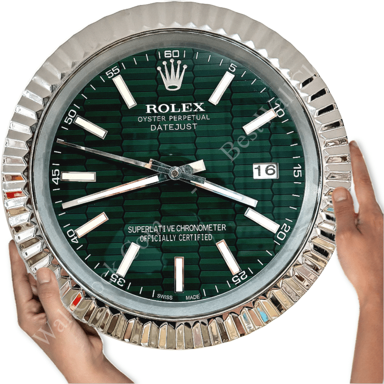 DATEJUST – ROSE SILVER – GREEN- 3 DELUXE METAL WALL CLOCK 35 CM