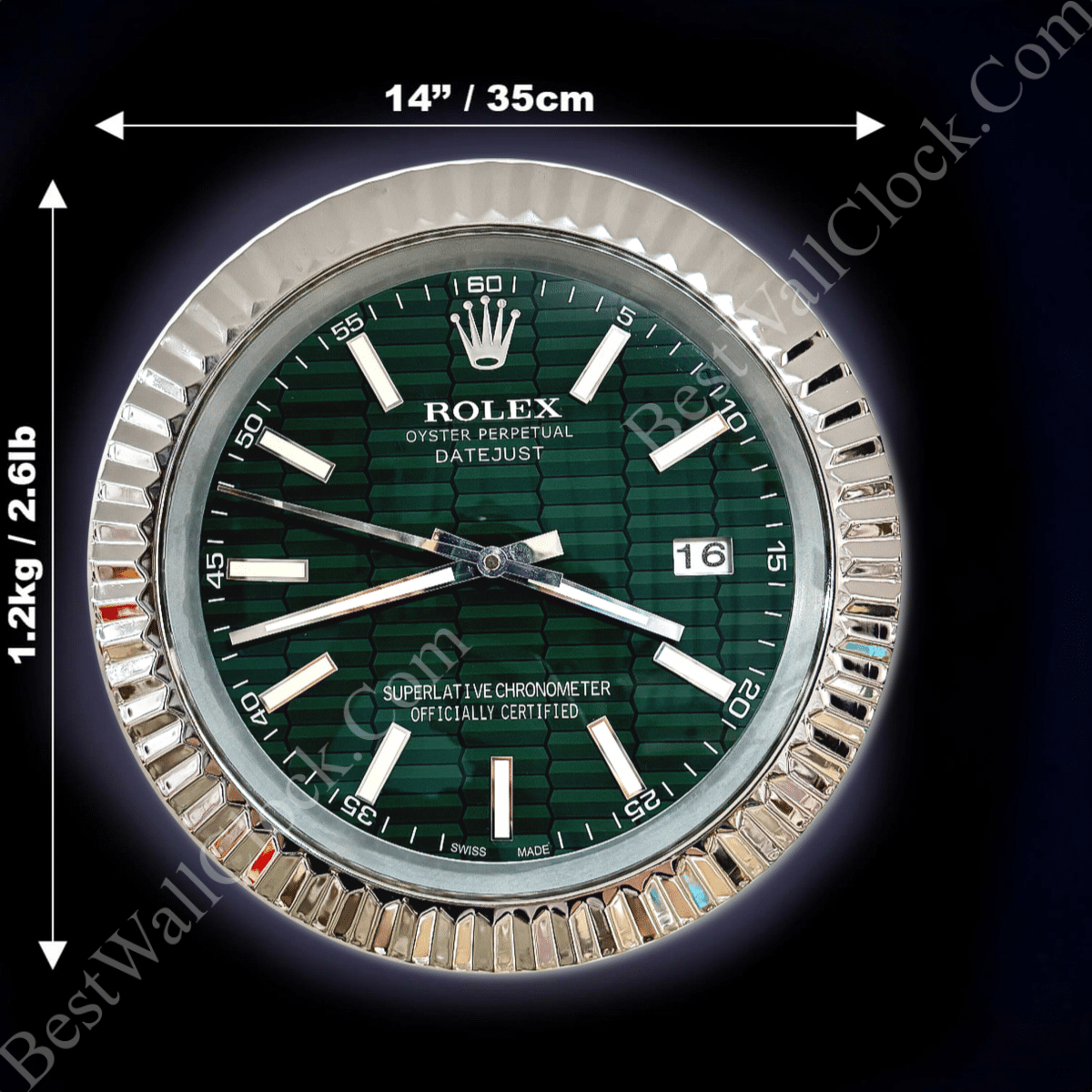 DATEJUST – ROSE SILVER – GREEN- 3 DELUXE METAL WALL CLOCK 35 CM