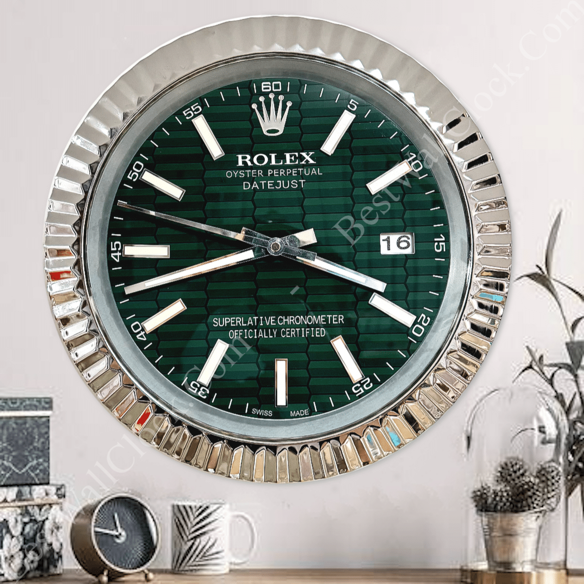 DATEJUST – ROSE SILVER – GREEN- 3 DELUXE METAL WALL CLOCK 35 CM