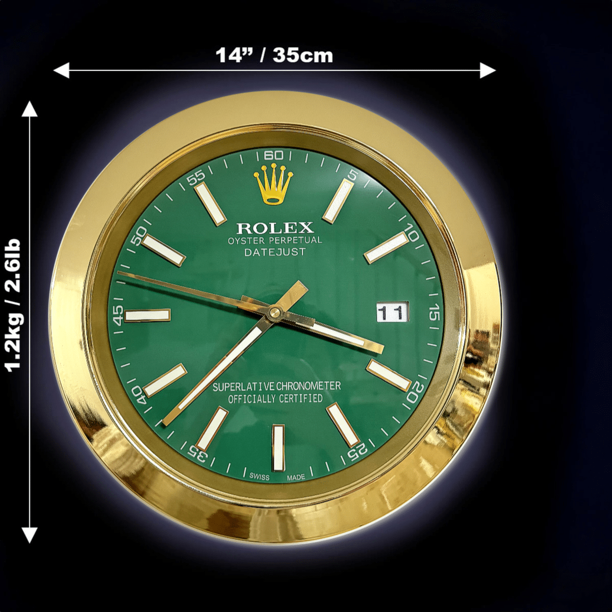 DATEJUST – GOLD – GREEN- 2 EDITION 35 CM DELUXE METAL WALL CLOCK