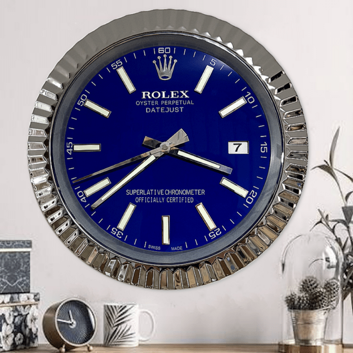 DATEJUST – ROSE SILVER – BLUE-2 DELUXE METAL WALL CLOCK 35 CM