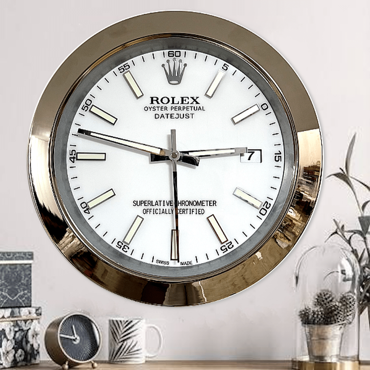 DATEJUST – SILVER – WHITE – 2 DELUXE METAL WALL CLOCK 35 CM