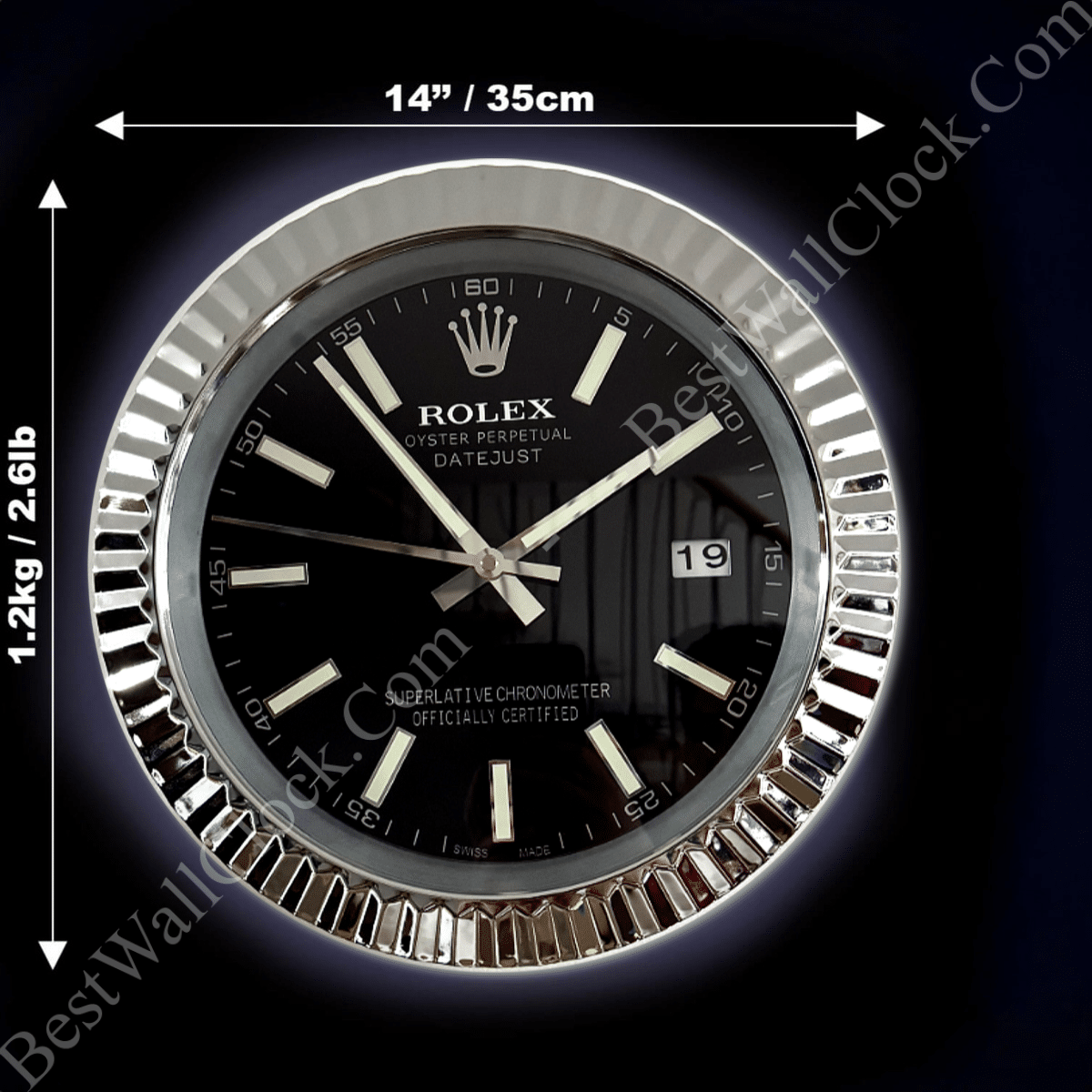 DATEJUST – ROSE SILVER – BLACK DELUXE METAL WALL CLOCK 35 CM
