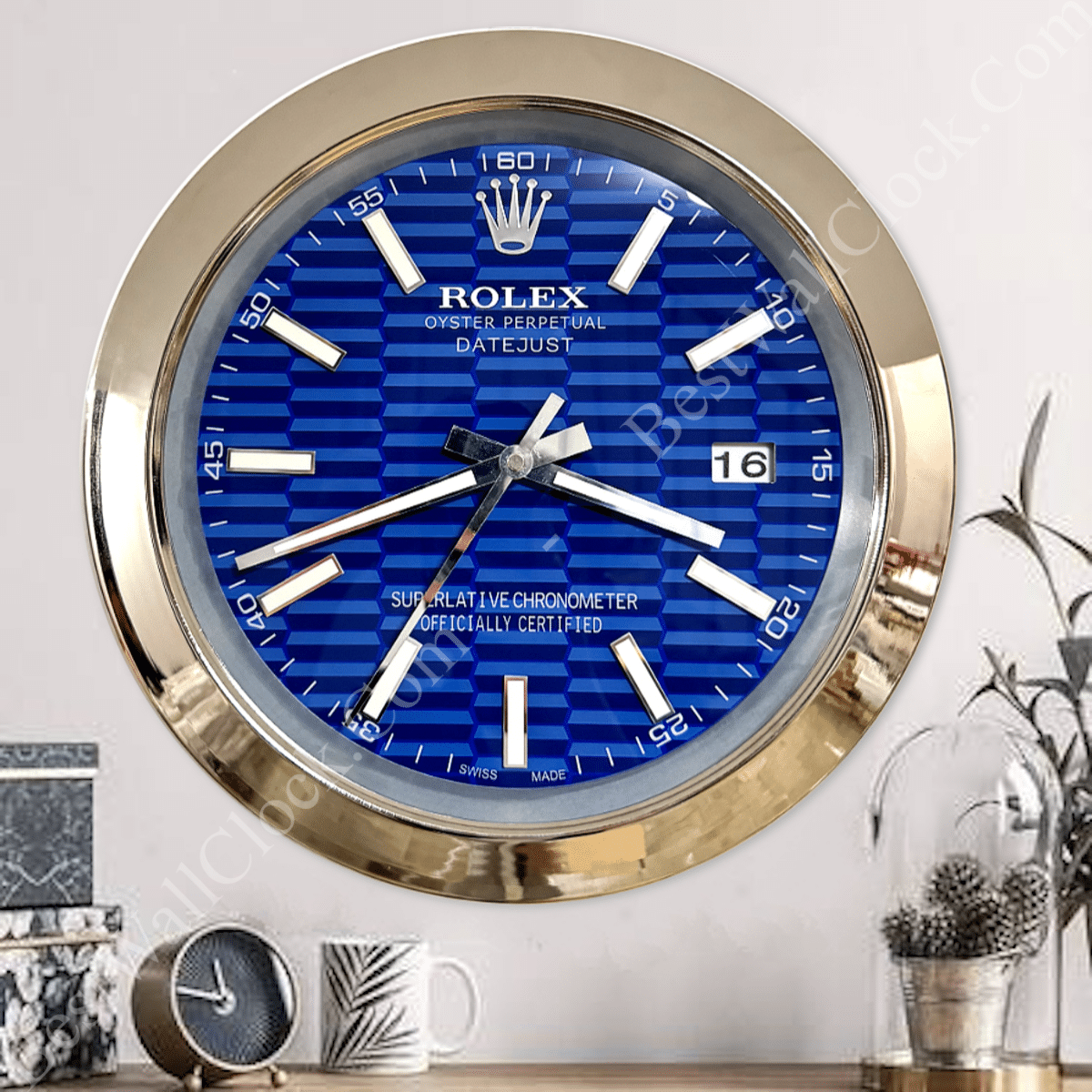 DATEJUST – SILVER – BLUE – 3 DELUXE METAL WALL CLOCK 35 CM