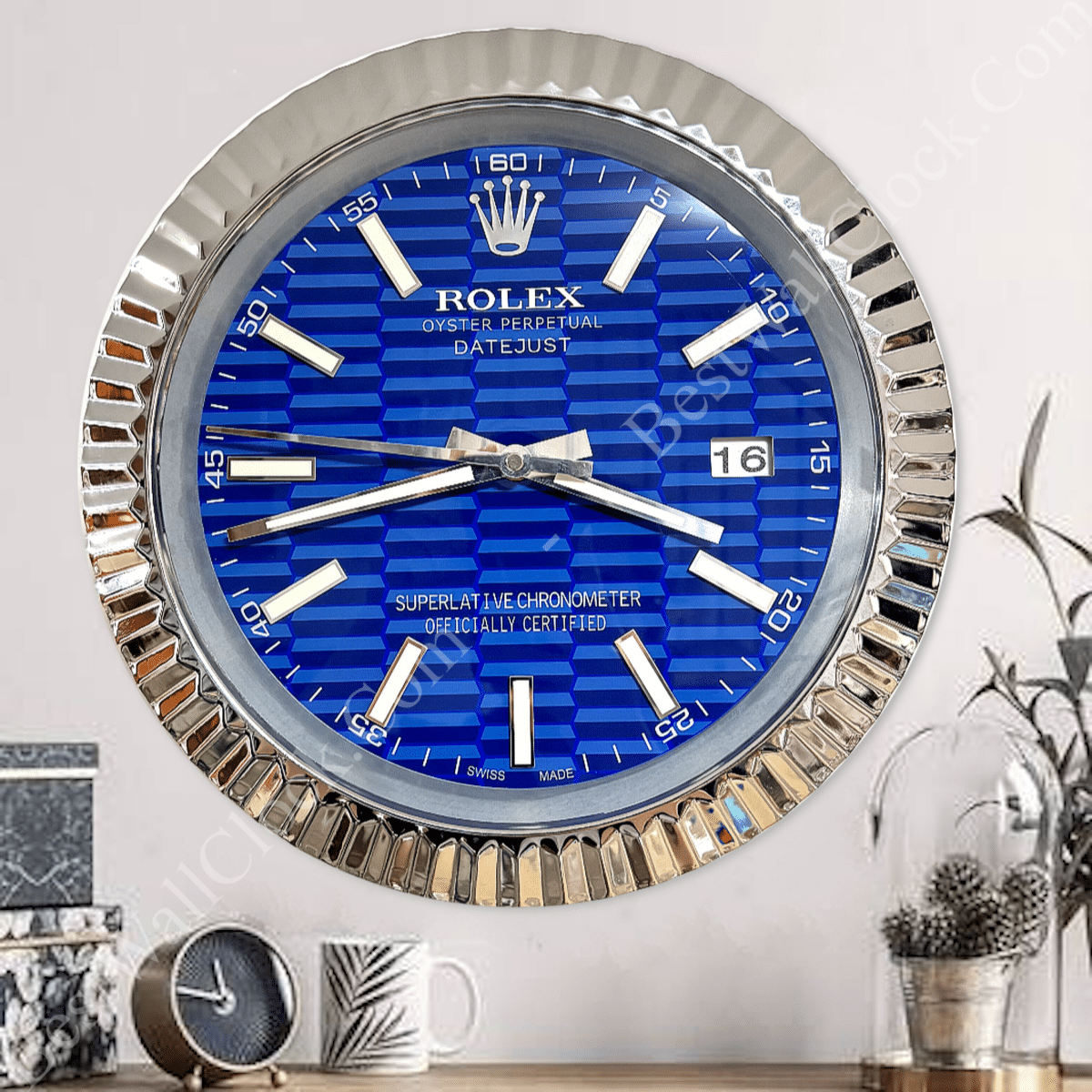 DATEJUST – ROSE SILVER – BLUE – 3 DELUXE METAL WALL CLOCK 35 CM