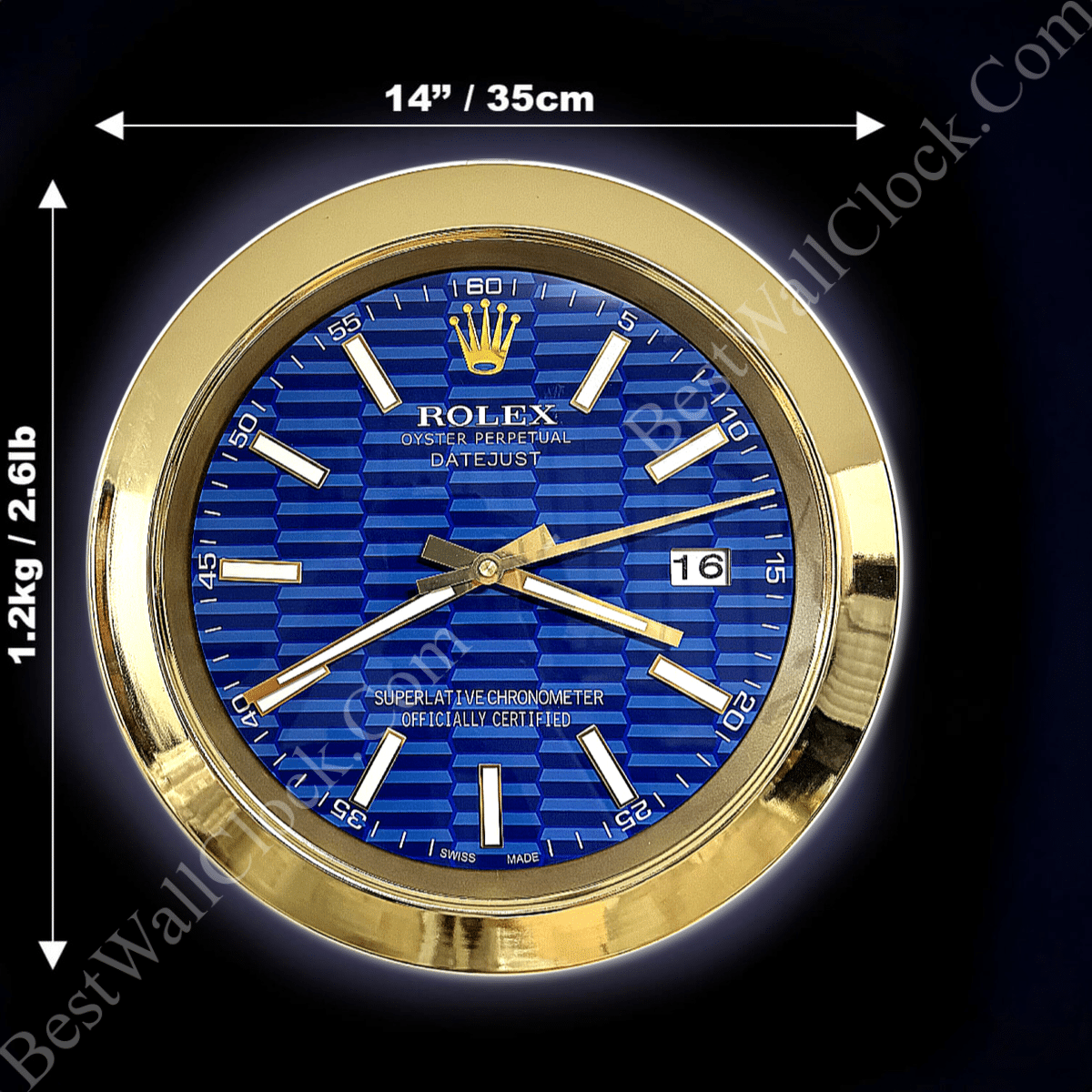 DATEJUST – GOLD – BLUE – 3 DELUXE METAL WALL CLOCK 35 CM