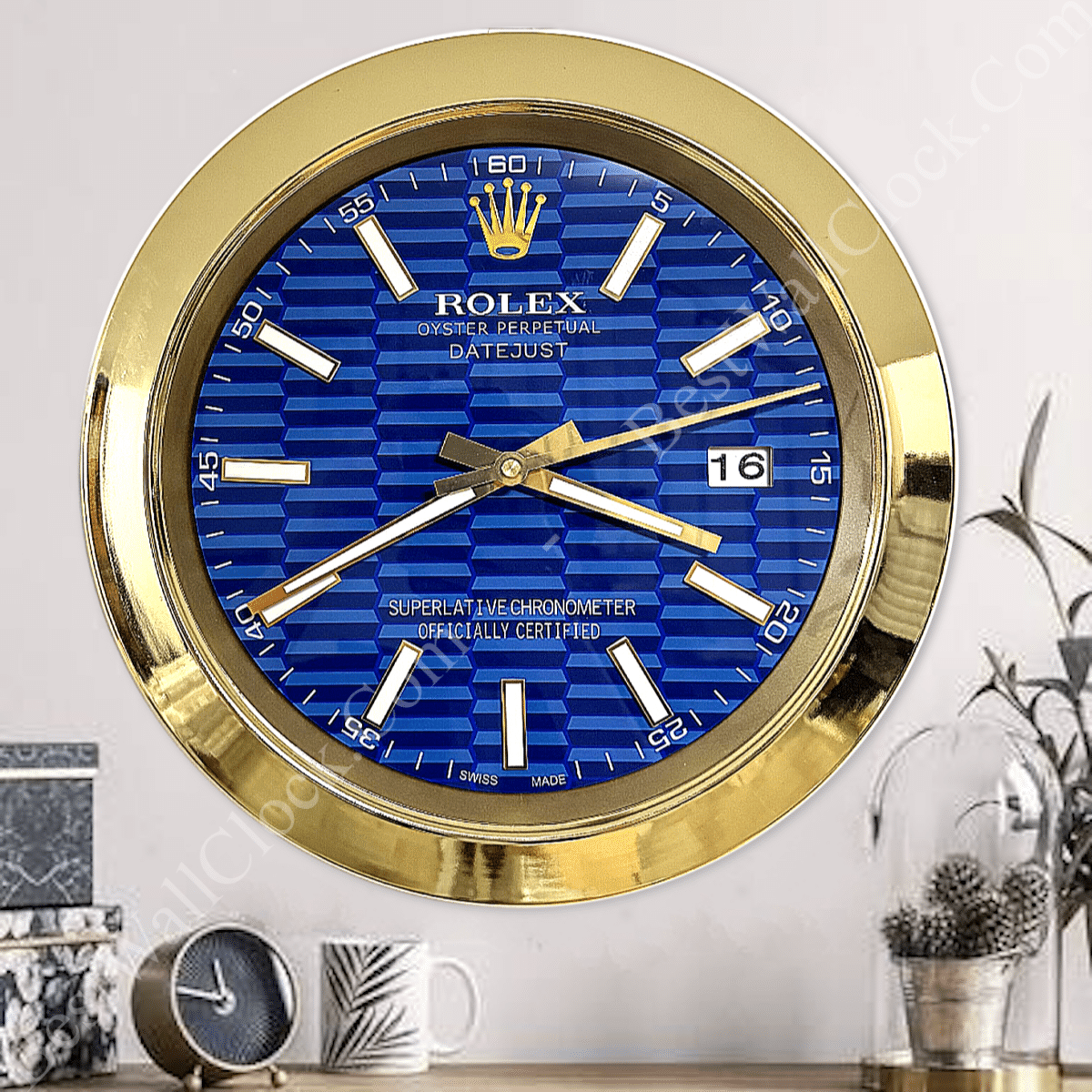 DATEJUST – GOLD – BLUE – 3 DELUXE METAL WALL CLOCK 35 CM