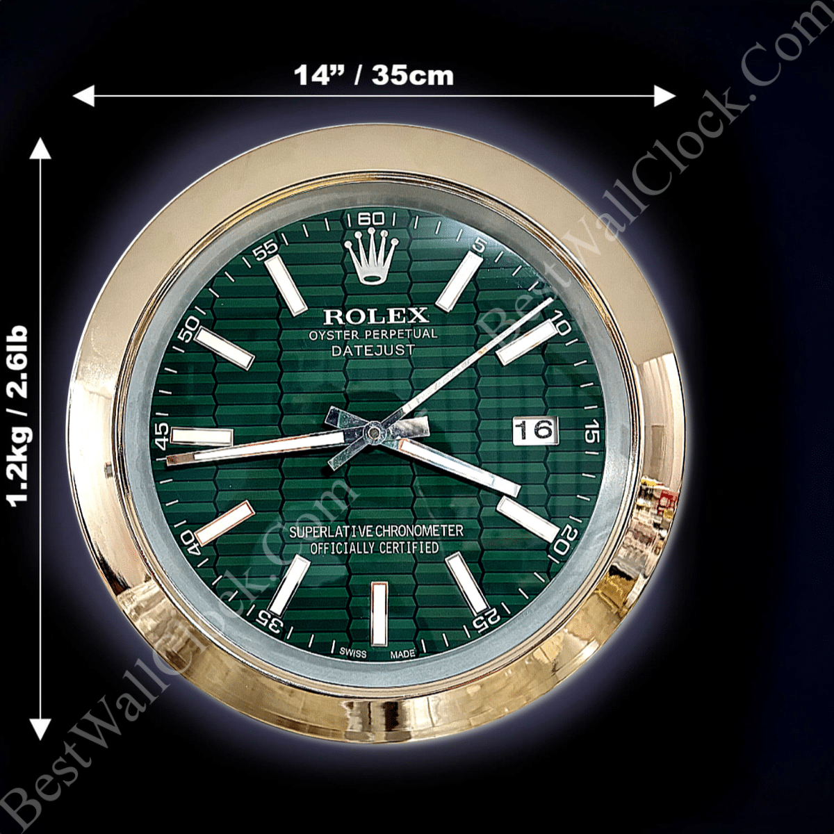 DATEJUST – SILVER – GREEN – 3 DELUXE METAL WALL CLOCK 35 CM