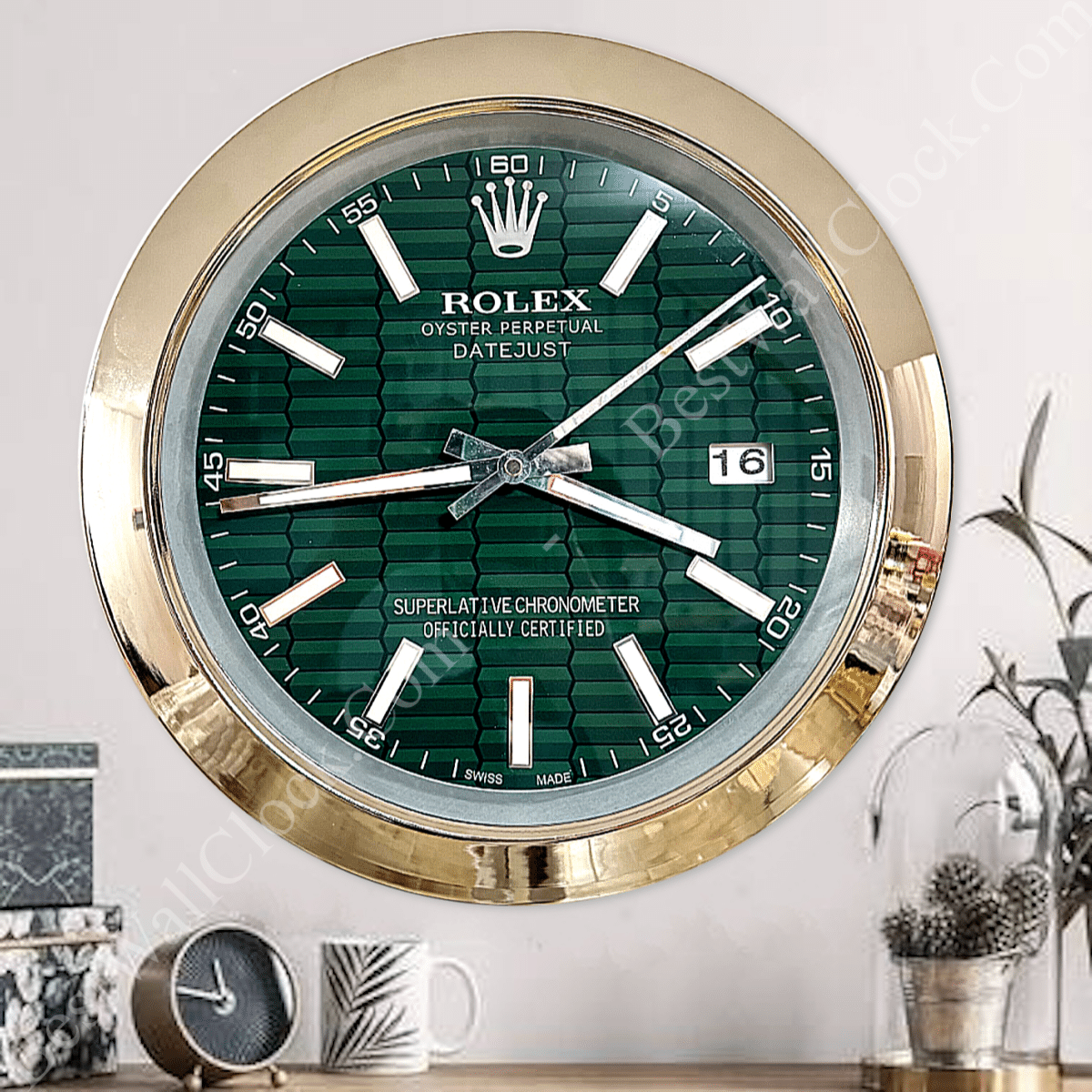 DATEJUST – SILVER – GREEN – 3 DELUXE METAL WALL CLOCK 35 CM