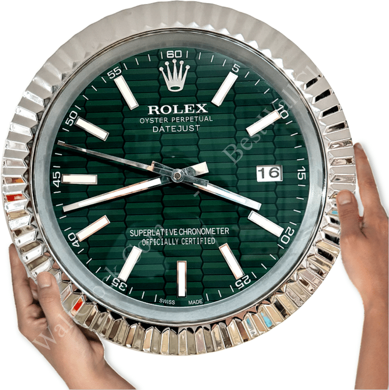 DATEJUST – ROSE SILVER – GREEN – 3 DELUXE METAL WALL CLOCK 35 CM