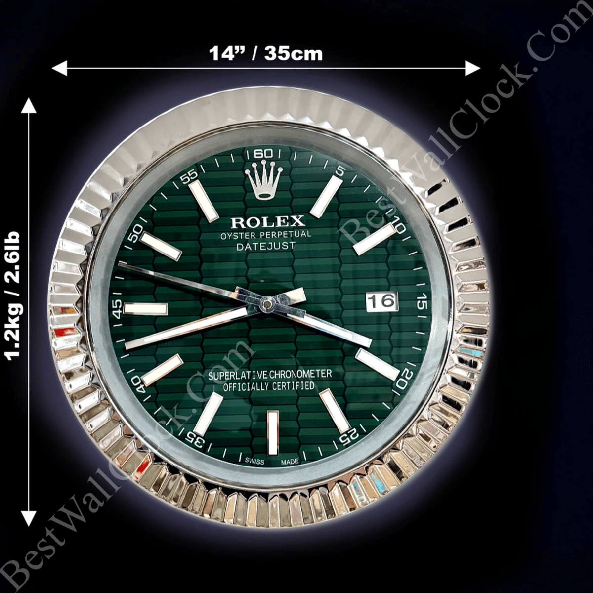 DATEJUST – ROSE SILVER – GREEN – 3 DELUXE METAL WALL CLOCK 35 CM