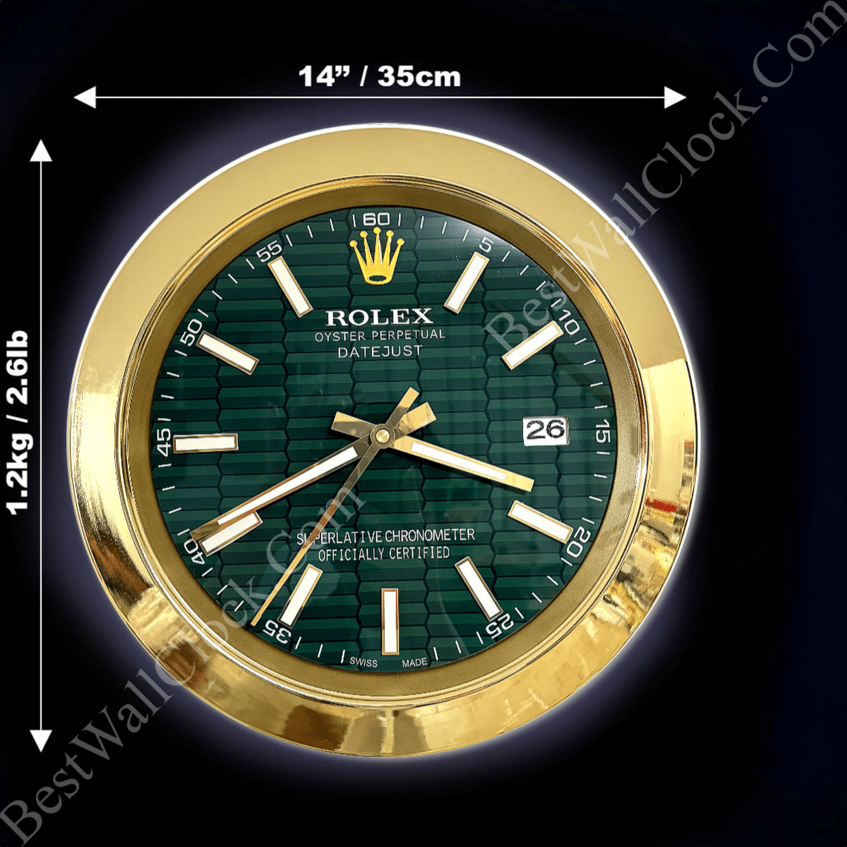 DATEJUST – GOLD – GREEN – 3 DELUXE METAL WALL CLOCK 35 CM